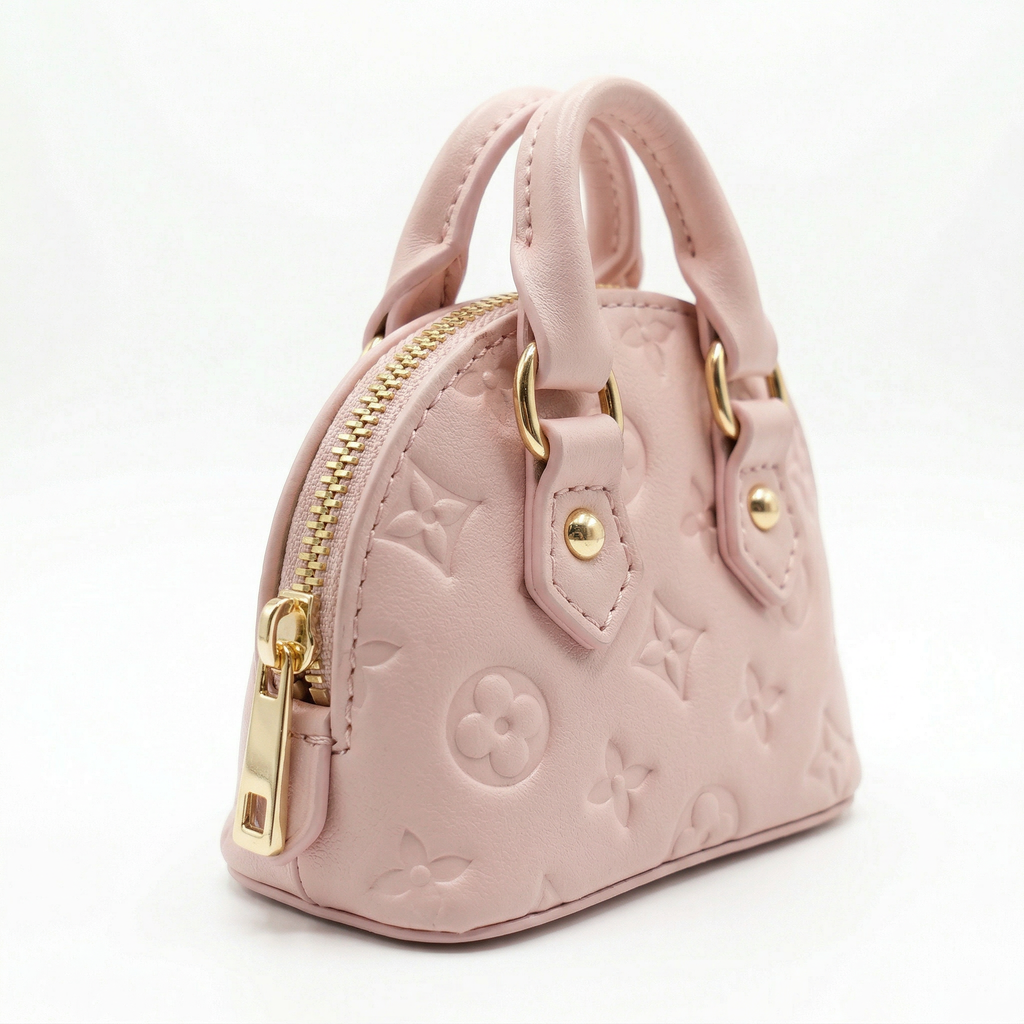 Pink handbag with gold accents on a white background